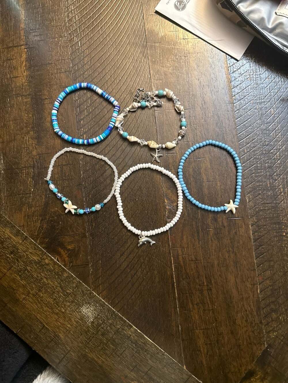 5-Piece Beach Themed Beaded Bracelet & Anklet Set with Starfish and Dolphin Char